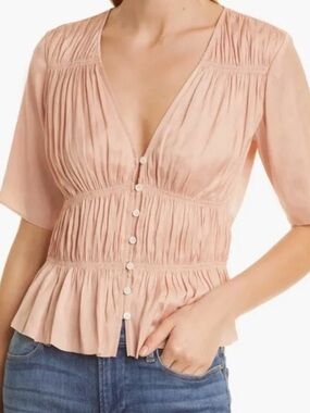 FRAME Blush Pink Silk Feel Peasant Blouse Puff Sleeve Top XL